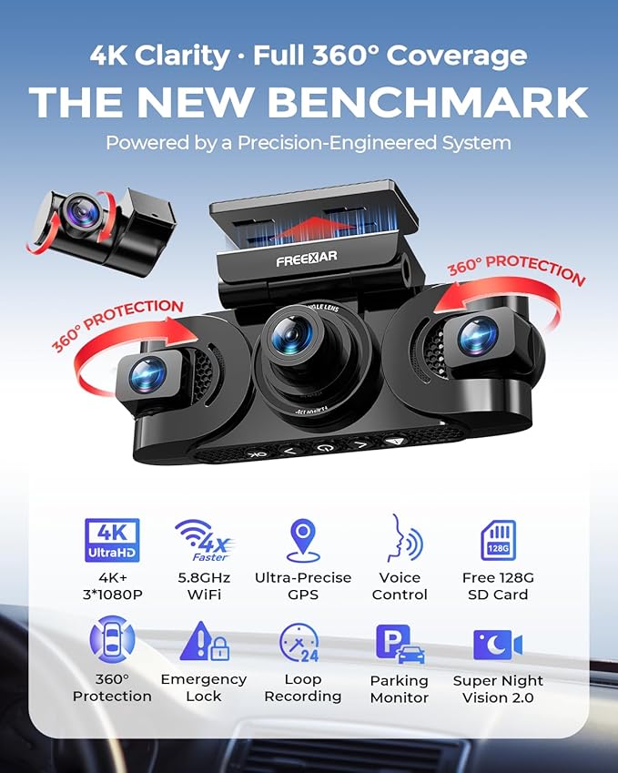 4K 360° Dash Cam, 4-Channel Dash Camera for Cars, Full Coverage Front Rear Left Right Inside with GPS, 5.8GHz Wi-Fi & App, Night Vision, Voice Control, 24H Parking Mode, 128GB Card Included