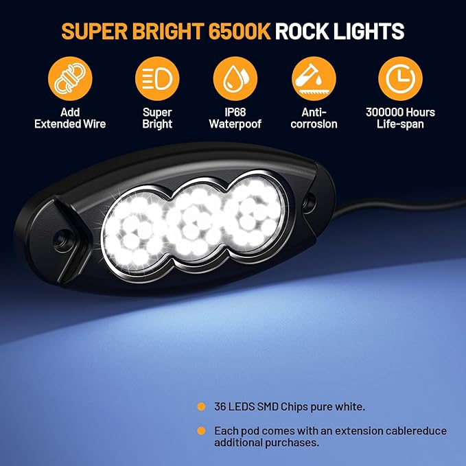 20 Pods White Rock Lights, 36 LEDs 6500K Ultra Bright IP68 Waterproof Underbody Lights for Car Truck Pickup Boat RV RZR ATV with 32.8ft Extension Wire