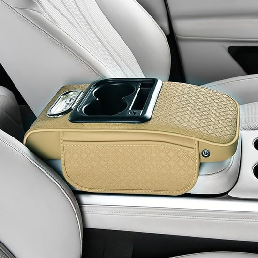 2026 Upgraded Car Center Console Cushion with 30w USB& Type-C Charging Ports, Leather Car Armrest Pad Cover, Interior Accessories for Most Vehicles (Ergonomic Sloped Version, Beige)