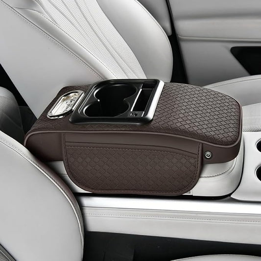 2026 Upgraded Car Center Console Cushion with 30w USB& Type-C Charging Ports, Leather Car Armrest Pad Cover, Interior Accessories for Most Vehicles (Ergonomic Sloped Version, Coffee)