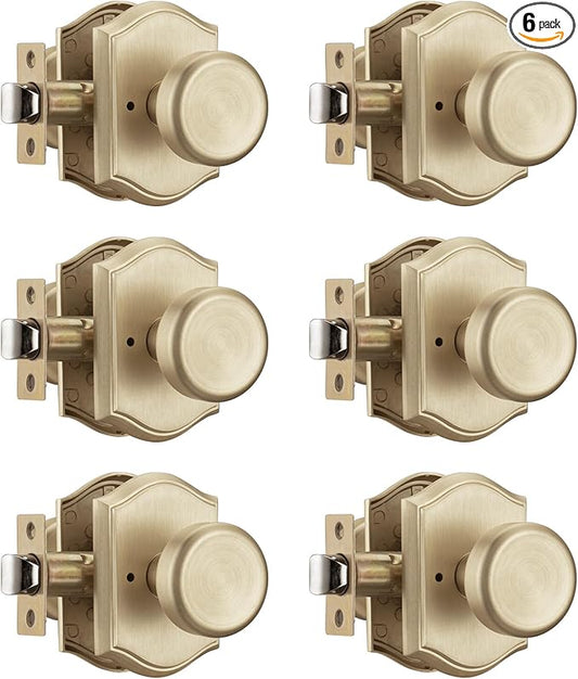 6 Pack Pismo Doorknobs for Bath & Bedroom, Gold Interior Door Knobs with Camelot Trim, Satin Brass Door Knob with Lock