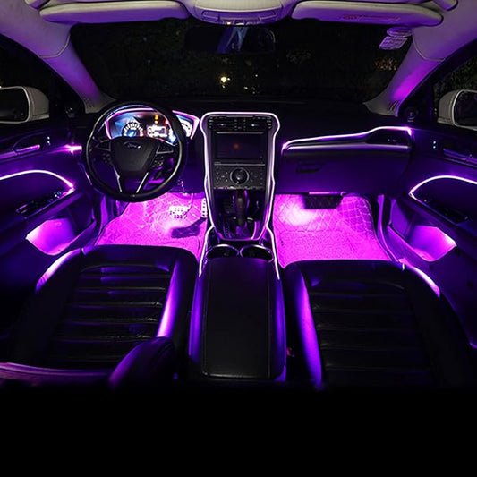 Car Interior Ambient Lighting Optic Fiber RGB 64 Colors Multicoloured Music Car Footwell Lighting Kit with Cigarette Lighter and App Microphone, DC 12V-24V 1W 4m
