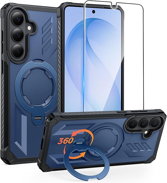 FNTCASE for Samsung Galaxy S26 Case: with [Magnetic Ring Kickstand] [Screen Protector] [Compatible with MagSafe] [Military-Grade Drop Protection] Dual-Layer Protective Textured TPU Phone Cover Blue
