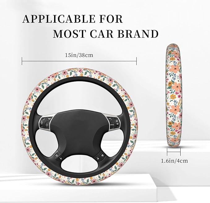 Wild Rose Metallic Flowers Steering Wheel Cover for Women Elastic Rubber Steering Wheel Universal 15 Inch Fit for Cars, Auto, SUVs