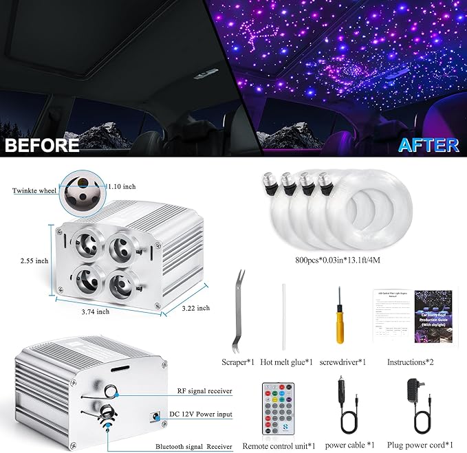 4 Colors 32W Twinkle Car Starlight Headliner Kit 800pcs*0.03in*13.1ft with APP&RF Remote,RGBW Fiber Optic Strands Star Roof Lights,4 Port Engine Sound Activated Ceiling Star Lights for Home/Car Decor