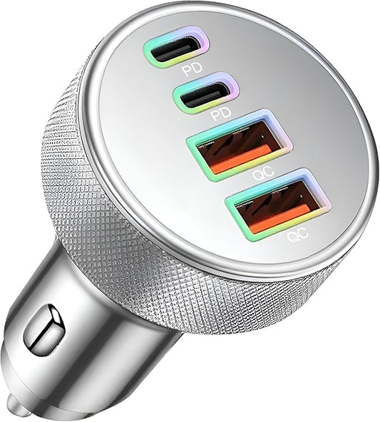 4 in 1 USB C Car Charger, 4-Port 90W PD QC Dual USB C & USB A Vehicle Fast Charging Cigarette Lighter Adapter, Multiport Auto Phone Charge Adapter, Fits 16 15 14 Pro Max Tablet (Silver)