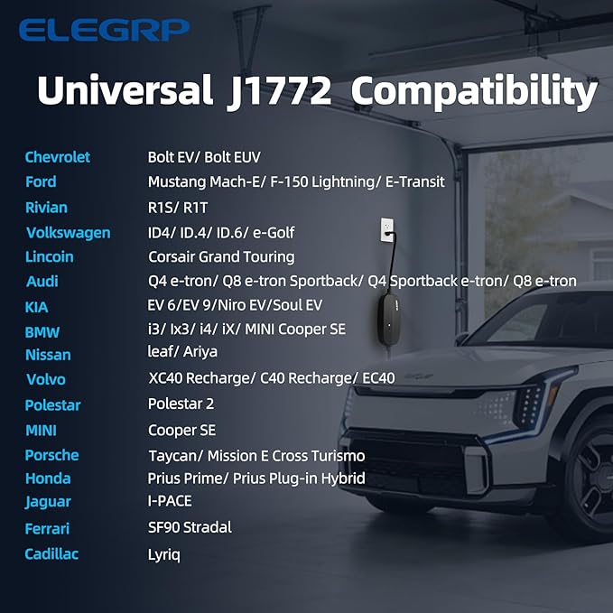 ELEGRP Level 1/2 EV Charger, 16 Amp, Portable J1772 Electric Car Charger, 25FT Cable, NEMA 6-20 & 5-15 Adapter, 110V-240V for BEVs/PHEVs, PBE & LRC Technology