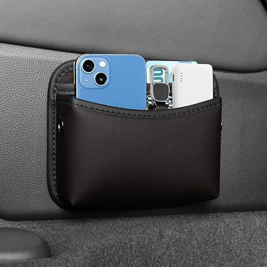 Car Seat Side Pocket Organizer - PU Leather Auto Door Console Mini Storage Bag for Keys, Phone, Sunglasses, Registration, and Documents (Dark Brown)