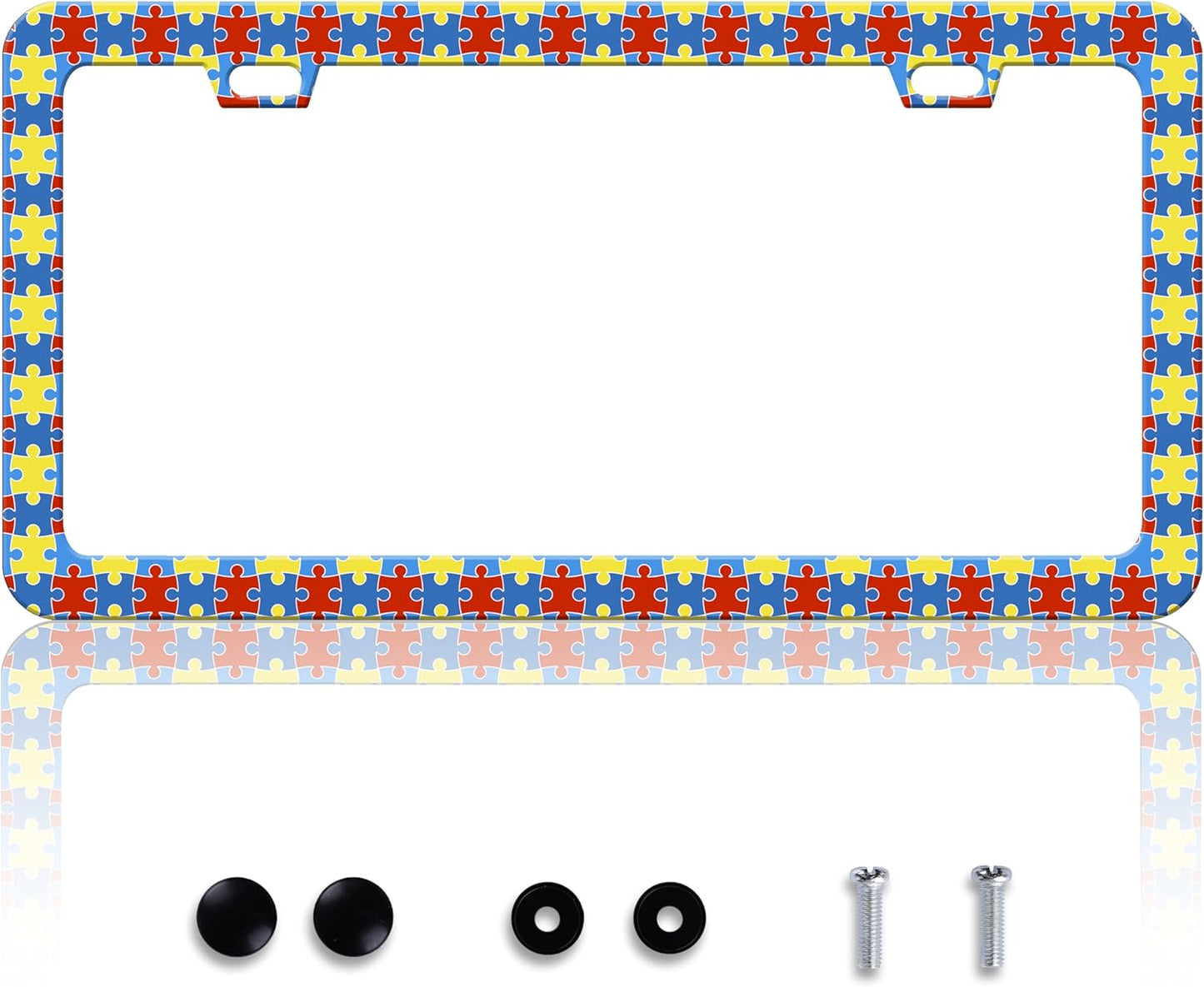 Autism Awareness License Plate Frame Puzzle License Plate Frames Personalise Stainless Steel Funny Design Compatible with Standard License Plate Holder for USA Canada 6 X 12 Inch 2 Holes with Screws