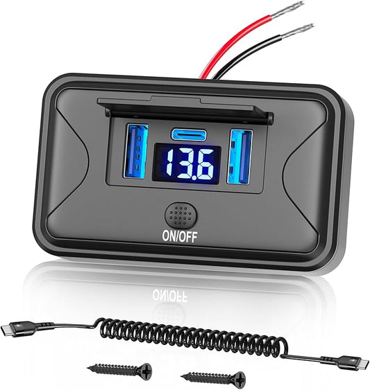 72W 12V USB Outlet Panel Wall Mount Qidoe Dual Quick Charger & 36W PD Surface Mount Car USB Port With Voltmeter Button Switch for Car Bus RV Truck