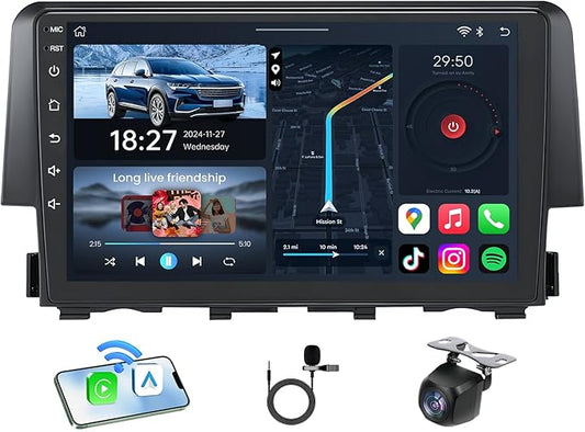 Car Radio for Honda Civic 2016-2021: 4Core 64G ROM 9 Inch Touchscreen Stereo Head Unit with Wireless CarPlay Android Auto Mirror Link GPS Bluetooth FM SWC Navigation WiFi, Free Camera