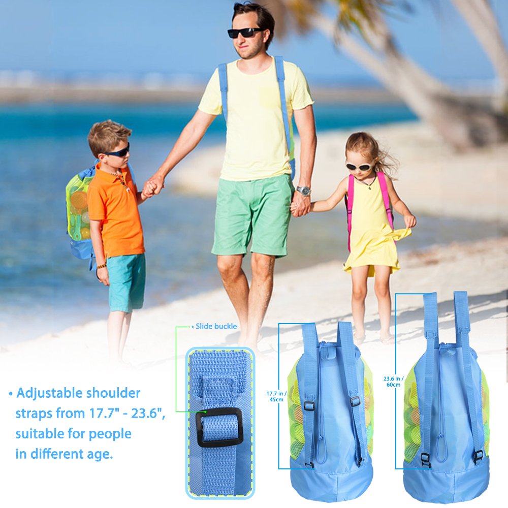 EocuSun Large Mesh Beach Bag Tote Durable Sand Away Drawstring Backpack Swim and Pool Toys Balls Storage Bags Packs, Stay Away From Sand and Water, Toy Not Included, Blue
