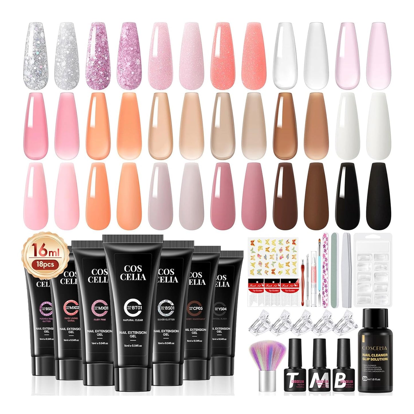 COSCELIA Poly Nail Gel Kit Starter Kit 18pcs 16ML Poly Nail Extension Gel without Lamp for Beginners with Everything Nail Thickening Solutions Matte Top Coat Fall Colors DIY Gifts for Women