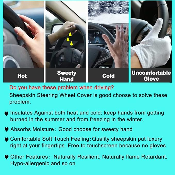 3Pcs/Set Pure Wool Fur Furry Steering Wheel Cover, Soft Fluffy Handbrake Cover Gear Shift Cover for Women Car SUV Truck Australia Sheepskin Accessories, Pink