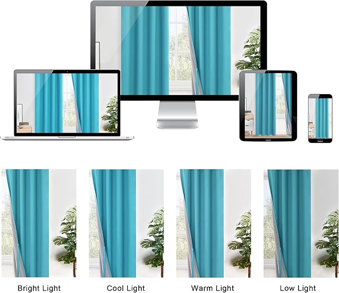XWZO Full Shading Blackout Curtains 72 Inches Length - Heat and Light Blocking Ring Top Window Drapes with Black Liner Backing for Bedroom Sewn with Tiebacks, Turquoise, W52 x L72, Set of 2