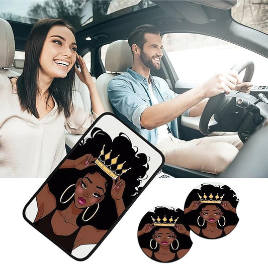Car Armrest Cover Pads Universal Fashion Cute Auto Center Console Armrest Cover Pad with 2PCS Car Coasters Soft Waterproof Car Armrest Seat Protector for Women, African Black Girl