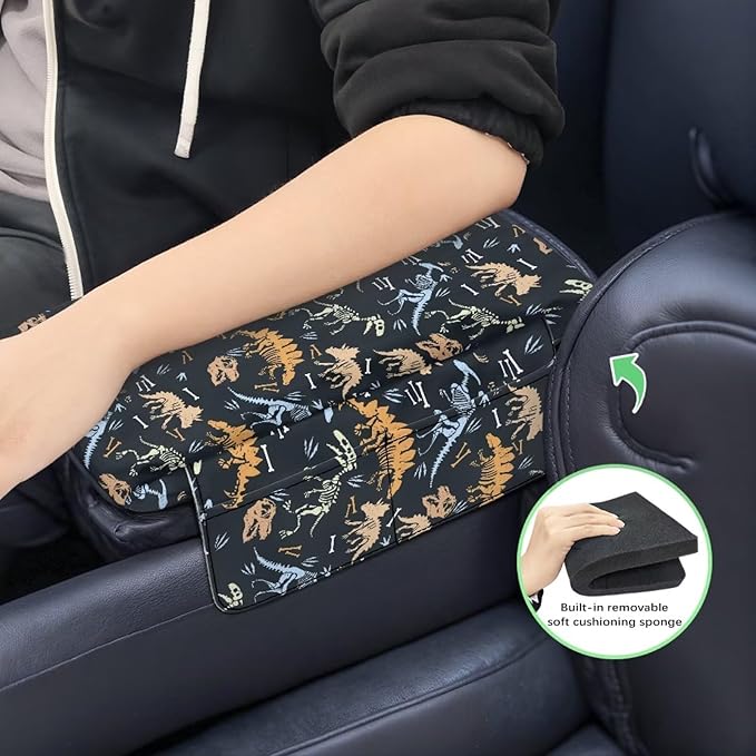 Dreaweet Dinosaur Car Accessories Thick Center Console Cover with Pockets Cute Car Armrest Storage Box Mat,Universal Comfortable Arm Rest Cover for Car Center Console Armrest Cover Pad