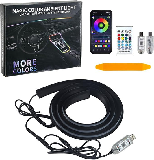 Car Dashboard LED Interior Strip Light,55''USB Powered Acrylic Neon Flexible Strip Fiber Optic LED Ambent Lighting Kits with Remote APP and Type-C Adapter(1 in 1)