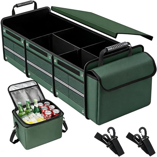 Car Trunk Organizer with Cooler Bag, Collapsible Multi-Compartment Car Organizer for SUV, Truck, Durable Car Storage Organizer for Groceries, Camping, Christmas Gifts (Green)