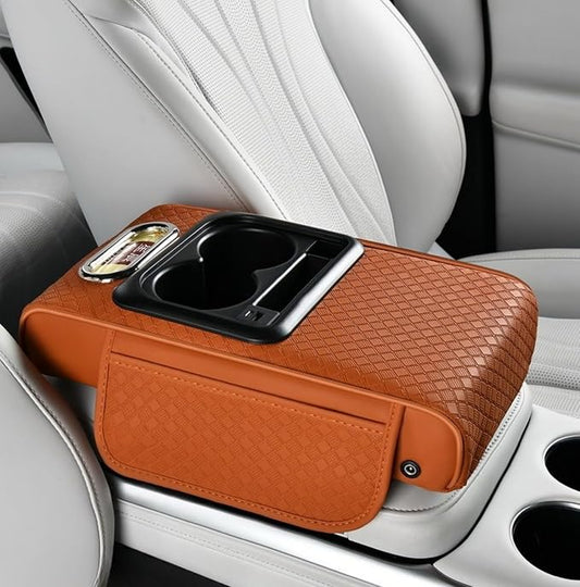 2026 Upgraded Car Center Console Cushion with 30w USB& Type-C Charging Ports, Leather Car Armrest Pad Cover, Interior Accessories for Most Vehicles (Classic Flat Version, Orange)