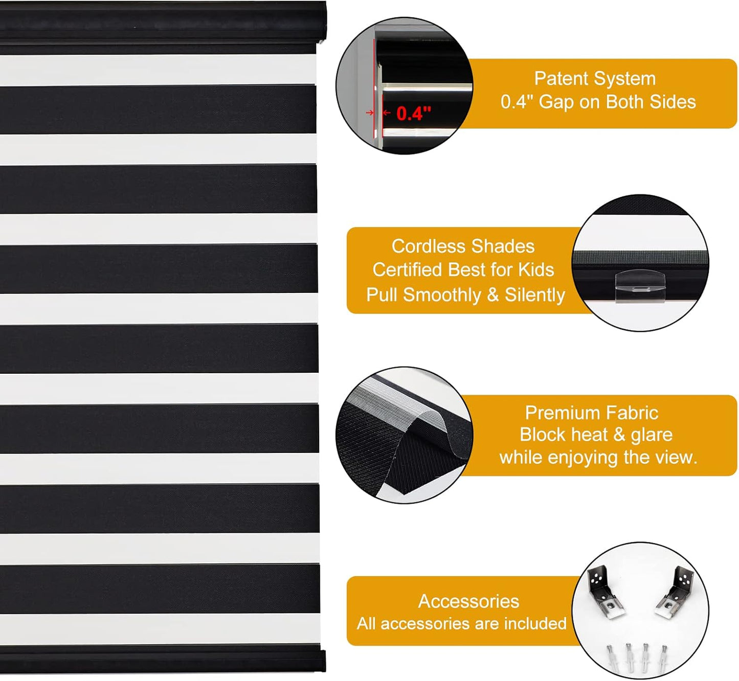Persilux Cordless Zebra Blinds for Windows Free-Stop Roller Windows Shades (46" W X 72" H, Black) Dual Layer Light Control for Day and Night, Light Filtering Sheer Shades for Home, Easy to Install