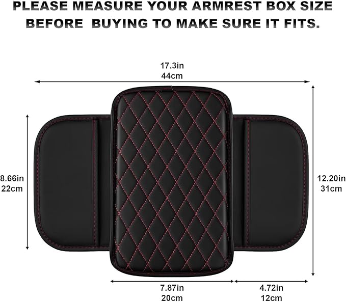 Upgraded Car Center Console Cover Fit for Highlander Faux Leather Car Armrest Cover Cushion with 2 Storage Bags,Car Armrest Storage Box Interior Accessories(Black&Redline)
