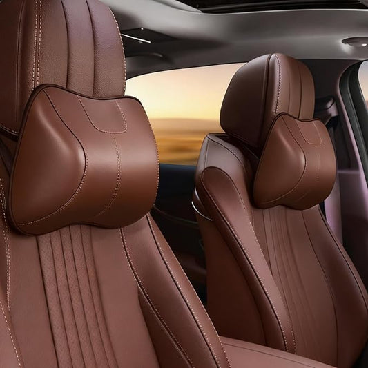 2PCS Leather Memory Foam Car Headrest Pillow Ergonomic Neck Pillow, Universal for Tesla Model Y/3/X/S BMW X3 X5 Lexus TX350 NX350 350h RX350 Volvo XC60 XC90 for Neck Pain Relief(Brown)