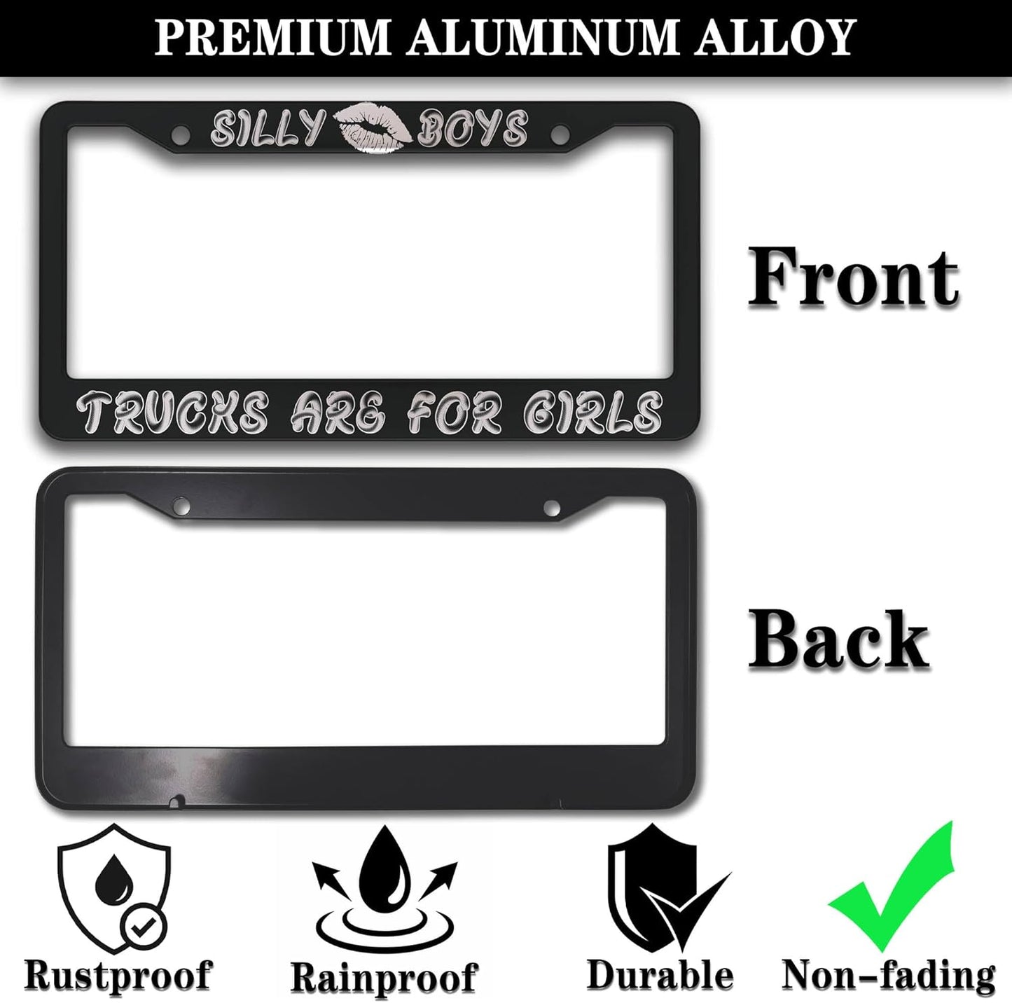 License Plate Frame Black and White License Plate Protector Silly Boys Trucks are for Girls Universal Aluminum Car Accessory 2 Pack with Screw Covers Set