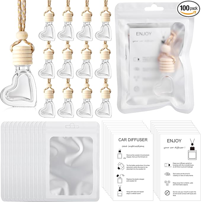 Boao 100 Sets Hanging Car Air Freshener Diffuser Bottles with Instruction Card and 4 x 6'' Resealable Holographic Bag for Empty Car Essential Oil Perfume Bottles Packaging (Heart)