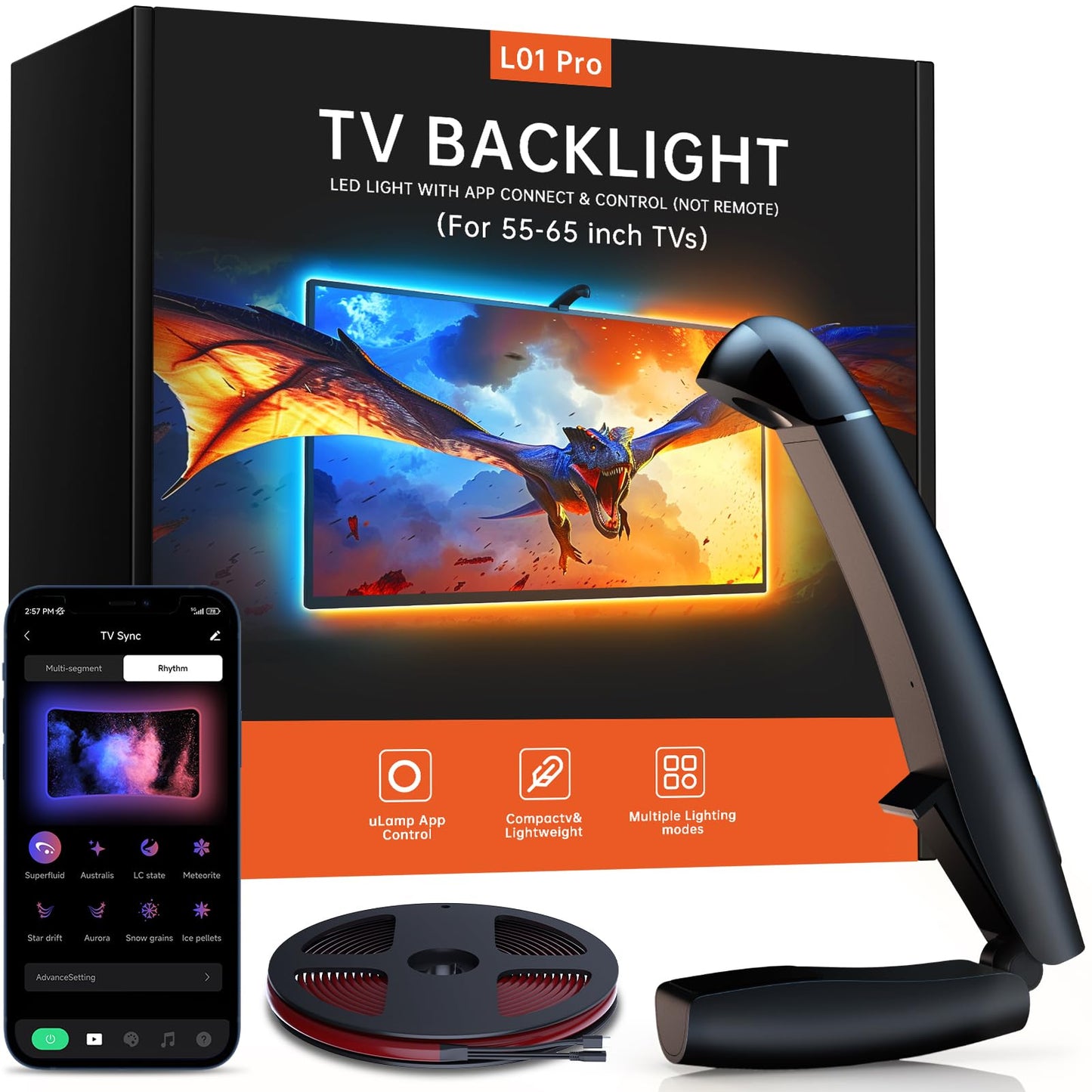 FFJ TV LED Backlight, 14.7ft Cuttable TV Lights That Change with TV for 55-65 Inch Screen and PC Monitor, TV Backlight with Sensor, Smart App Control, Game & Music Sync Color Changing Light
