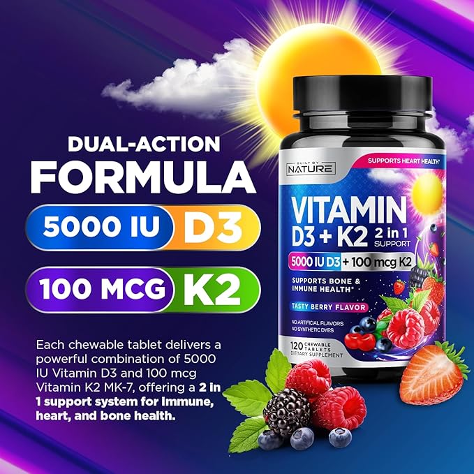 Vitamin D3 K2 – Chewable Vitamin D 5000 IU & K2 MK-7 100 mcg – 2 in 1 Vitamin D K2 Supplement Chews - Immune, Heart, & Bone Support – Non GMO - Tasty Berry Flavor - 120 Chewable Tablets