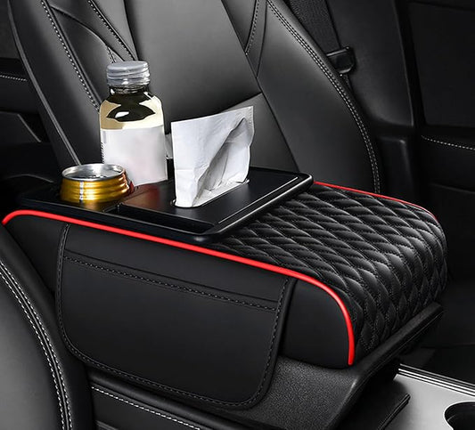 Car Armrest Center Console Cover for Genesis GV70 2021–2025, Center Console Pad with Cup Holder, Multifunctional Armrest Cushion,A Black+Red