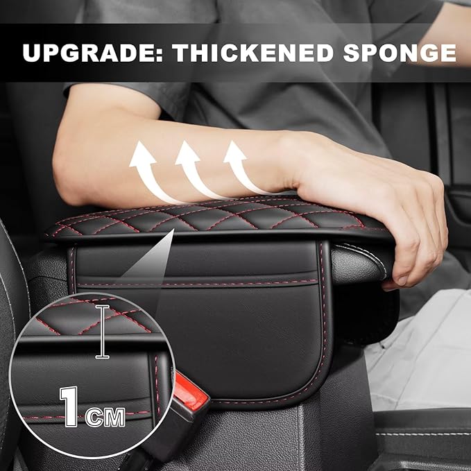 Upgraded Car Center Console Cover Fit for Highlander Faux Leather Car Armrest Cover Cushion with 2 Storage Bags,Car Armrest Storage Box Interior Accessories(Black&Redline)