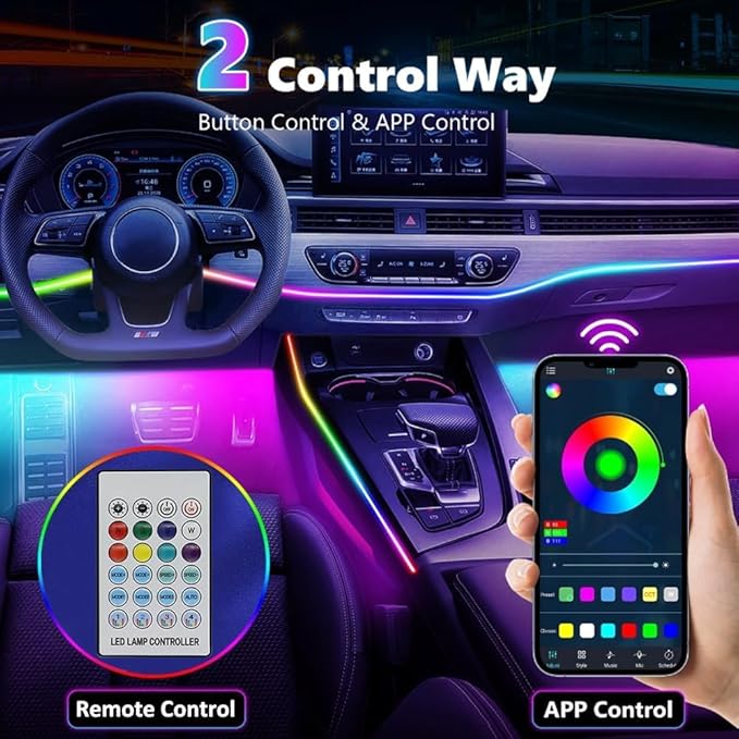 Acrylic Interior Car LED Strip Light with APP Remote Control, 116in 4 in 1 USB RGB Dreamcolor Neon Flexible Strip Fiber Optic LED Ambient Lighting Kits,RGB Music Lights Sync for Inside car Decorations