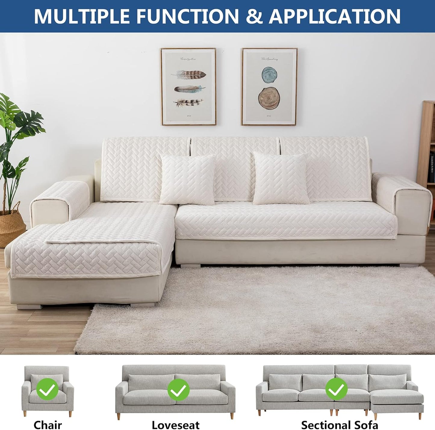 Eismodra Couch Cover,Sectional Couch Covers,Sofa Covers for 3 Cushion Couch,Anti-Slip Sofa Slipcovers for Dogs Cats Kids Loveseat Recliner L Shaped Armrest Backrest,White 36''x36''(Only 1 Piece)