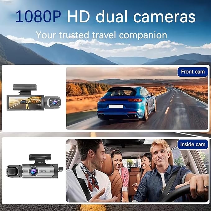 Dash Cam Front and Inside, 1080P Dual Dash Cam for Car, 3.16 Inch IPS Screen Driving Recorder with IR Night Vision, Loop Recording, Wide Angle Lens, 24H Parking Traffic Recorder