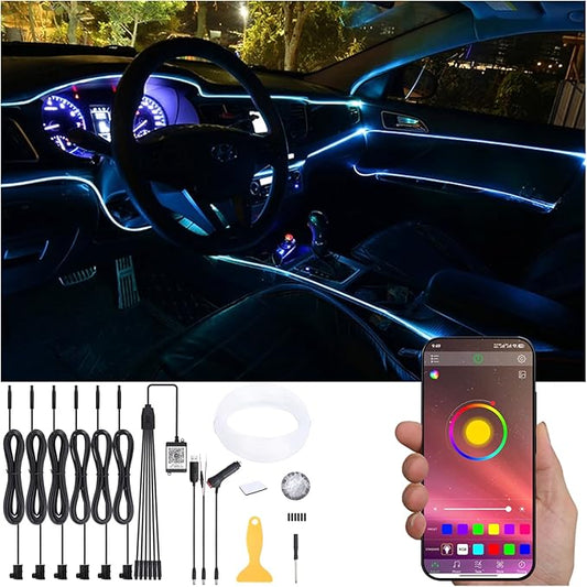 8 m Optic Fiber Car Ambient Lighting Kit Bluetooth App Control 64 Colors Multicoloured Music Interior Lighting Kit 12V 1W