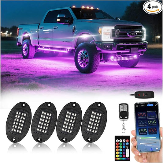 4 Pods Segmented Alloy RGB LED Rock Lights for ATV UTV Golf Cart SXS Trucks Offroad Car, Waterproof Impact Resistant Metal Underglow Kit with APP RF Control Sync Music Multicolor Neon Underbody Light