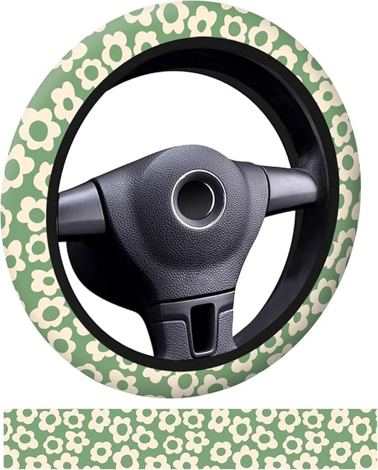 Car Steering Wheel Cover, Universal 15 Inch Neoprene Non-Slip Steering Wheel Covers, Funny Car Accessories for Women Men Fit Auto, Suvs, Truck Vintage Green Flowers
