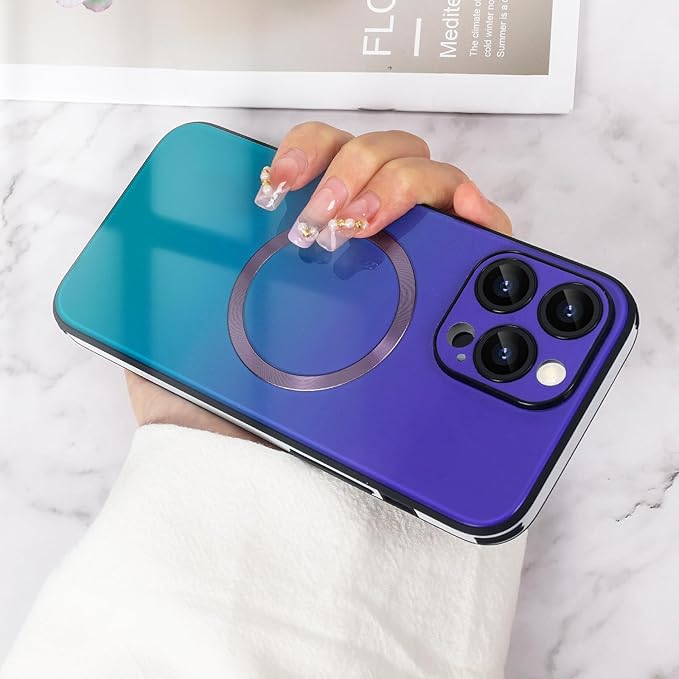 Guppy Compatible with iPhone 13 Pro Max Case Magnetic, with Full Camera Lens Protector [Compatible with MagSafe] Scratch Resistant Gradient Glass Back Cover Phone Case-Purple