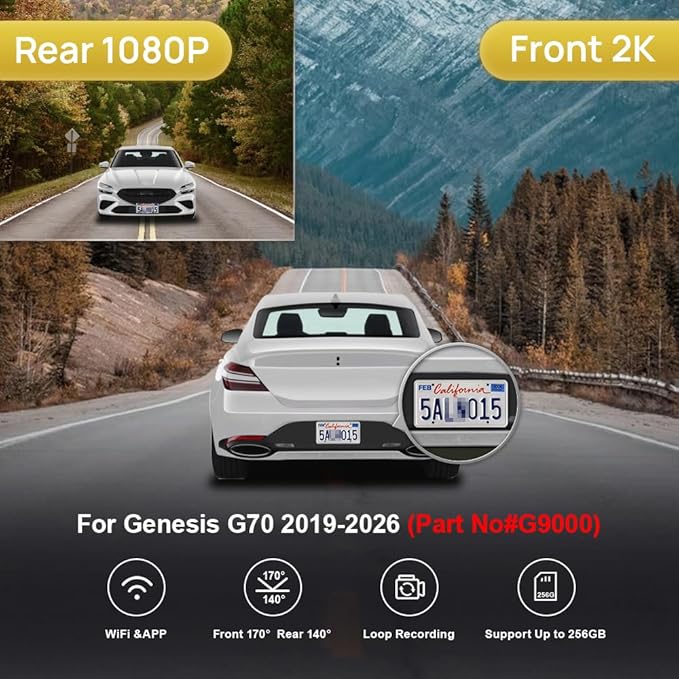 Fitcamx Front 2K+Rear 1080P Dash Cam Adapts for Genesis G70 2019-2026 (Part No Ends with#G9000), OEM Style, Dual HD Video, WiFi & APP, Loop Recording, Gravity Sensor, Easy to Operate, 64GB Card