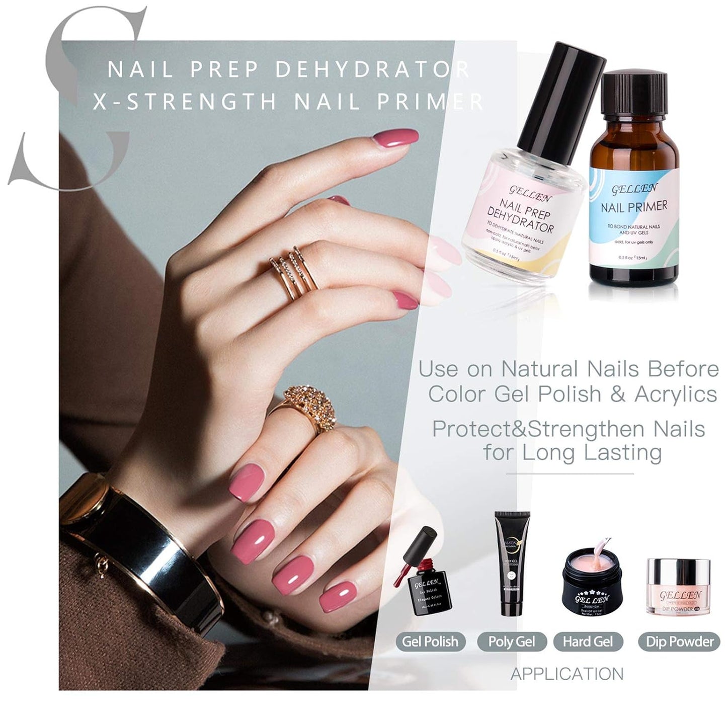 Gellen Nail Dehydrator and Nail Primer, Long-Lasting Air Dry (Acid Free) for Acrylic Powder and Gel Nail Polish, Superior Protein Bonding, 15ML / 0.5 oz Each