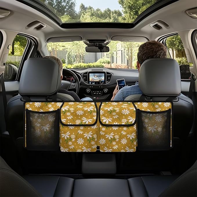 Yellow Daisy Prints Car Trunk Organizer Bag Car Back Seat Storage Bag with 4 Pockets Automotive Interior Accessories for SUV MPV Sedans Pickup Jeep Trucks