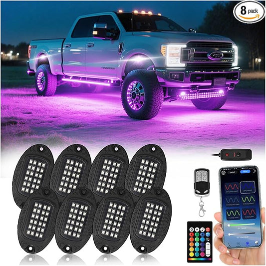 8 Pods Segmented Alloy RGB LED Rock Lights for Jeep Trucks Golf Cart Offroad ATV UTV SXS, Waterproof Impact Resistant Metal Underglow Kit with APP RF Control Sync Music Multicolor Neon Underbody Light