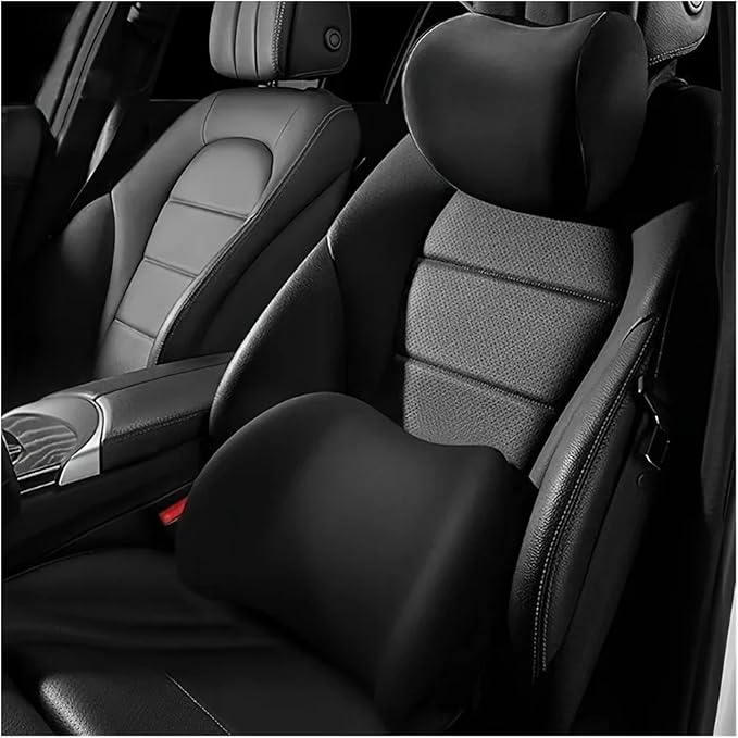 Memory Foam Car Neck Pillow & Waist Cushion - Soft fit for Seat Headrest & Lumbar Support for Comfort(Hb-Black 1set)