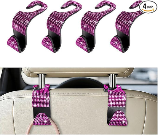 4PCS Bling Car Seat Headrest Hooks, Crystal Rhinestone Vehicle Back Seat Hanger Holder, Auto Interior Headrest Hanging Storage Organizer for Purse Handbag Coat, Universal Fit (Black/Pink)