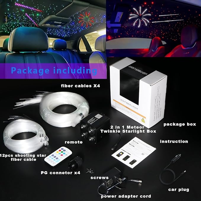 AZIMOM 4Colors 2 in 1 Meteor Twinkle Fiber Optic Starlight Headliner Kits 1200pcs 0.03in 9.8ft Fiber Strands,RGB Meteor Shooting Star 240pcs, Sound Remote APP Control Home Ceiling Car Headliner Decor