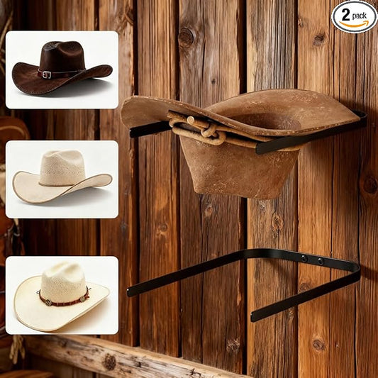 2-Pack Metal Hat Rack for Wall Mount – Space-Saving Cowboy Hat Holder & DIY Wall Display Hanger – Compact Hat Organizer with Screws, Black (No wooden board)