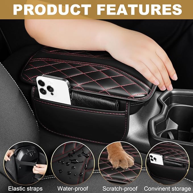Center Console Cover Fit for Highlander Scratch & Wear Resistant Waterproof Middle Console Cover with 2 Storage Bags(Black&Redline)