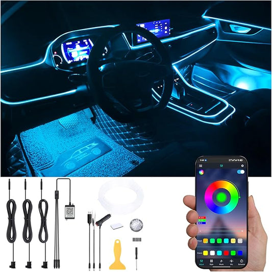Car Atmosphere Light Kit 4m Fiber Optic RGB Multicolor Sound Active Music Sync Memory Function Bluetooth APP Control 64 Colors USB Car Interior Ambient Lighting Kit DC 12V